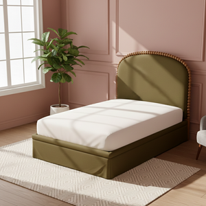 Lit superposé de luxe capitonné en tissu olive, réglable, taille Queen/King, confortable, avec garniture perlée, finition douce, pour chambre à coucher haut de gamme - Product Image 6