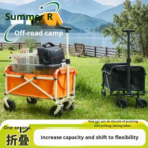 Chariot de camping pliable à 4 roues, chariot de pique-nique portable à pousser à la main, remorque de camping grande capacité en métal orange et noir - Product Image 4