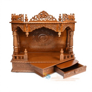 Mandir de Madera Dorado de Diseño Tradicional, Unidad de Pooja de Madera Tallada en Estilo Mehraab para el Hogar - Product Image 2