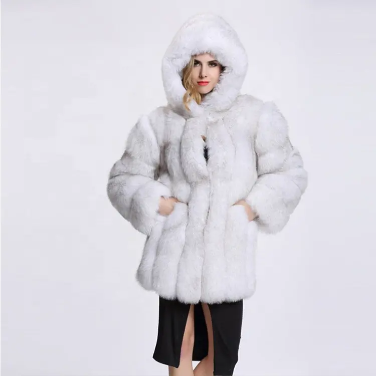 Premium Brand Winter Hooded Splicing Shell Winter Clothes Mid-length Faux Coat Fur Women Overcoats
