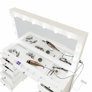 <span class=keywords><strong>Commode</strong></span> <span class=keywords><strong>contemporaine</strong></span> à tiroirs avec miroir éclairé, dessus en verre blanc et panneau de bois, table de courtoisie moderne pour le maquillage - Product Image 6