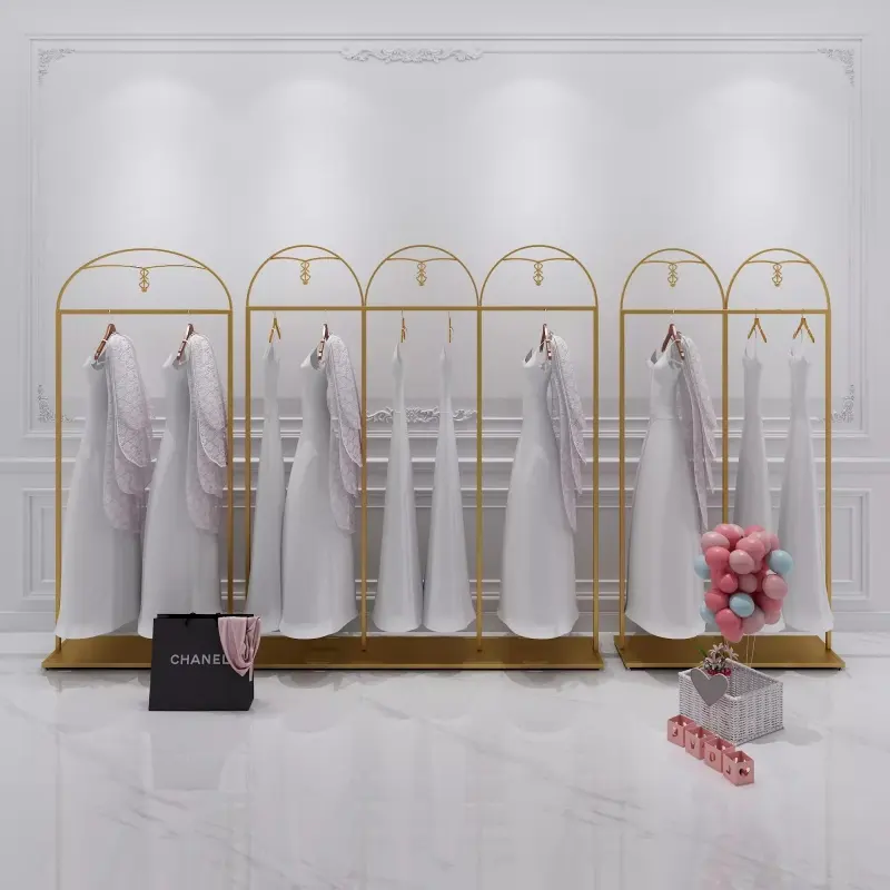 Rak Display toko pengantin, butik Stainless Steel, rak pakaian emas, rak tampilan pakaian pernikahan