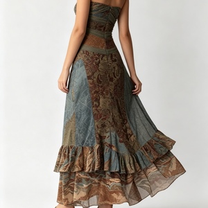 <span class=keywords><strong>Vestido</strong></span> Maxi Bohemio con Estampado Abstracto para Mujer, con Hombro Descubierto, <span class=keywords><strong>Dobladillo</strong></span> Asimétrico y Volantes, Estilo RTS y Logotipo Personalizado - Product Image 3