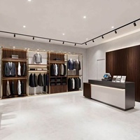 Porte-vêtements mural en bois grainé avec cadre doré, présentoir de vêtements avec rangement, stand de présentation pour magasin de détail commercial, présentoir métallique pour boutique