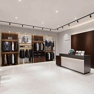 <span class=keywords><strong>Porte</strong></span>-vêtements mural en <span class=keywords><strong>bois</strong></span> grainé avec cadre doré, présentoir de vêtements avec rangement, stand de présentation pour magasin de détail commercial, présentoir métallique pour boutique - Product Image 3