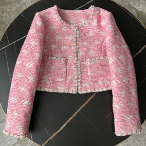 Pink Elegant Coat Women's Autumn New Round Neck Woven Tweed Short Coat