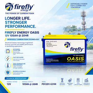 Batterie au plomb-acide Firefly Oasis 12V 105Ah à cycle profond en mousse de carbone pour systèmes solaires et alimentation de secours fiable - Product Image 1