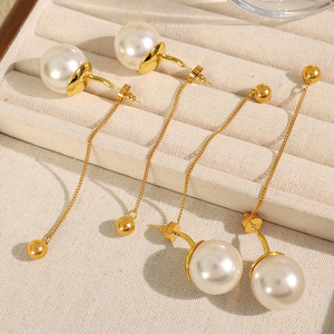 ต่างหูมุกทรงหยดน้ำ จี้ลูกบอลโซ่ทอง เครื่องประดับมุกสีขาวสำหรับผู้หญิง สวมใส่ได้ทุกวัน - Product Image 2