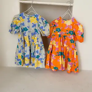 Детское летнее платье для маленьких девочек с большими цветами, Хлопковое платье с пышными рукавами и большой юбкой, детская одежда для девочек