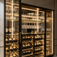 Meuble de cuisine de luxe moderne avec îlot bar et vitrine à vin, éclairage LED, ensemble personnalisé en contreplaqué, robinet, charnières, design modulaire écologique
