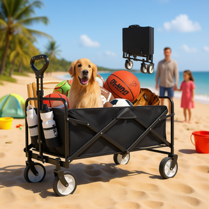 Chariot pliable à quatre roues, capacité 220 lb, noir, pour sports de plein air, camping, courses, avec rangement facile - Product Image 2