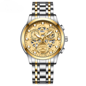 Nouvelle montre chronographe squelette pour homme, bracelet en acier inoxydable doré, avec indicateur multifonction 24H et calendrier, montre à quartz - Product Image 6