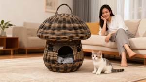 Neuheit: Umweltfreundliches Rattan-Geflecht Haustiernest, Niedliches Anti-Rattan Pilzhaus für Katzen und Hunde - Product Image 2