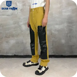Blue Team | Custom logo jeans manufacturer patch pu leather street pants denim with pocket mens cargo pants jeans for men