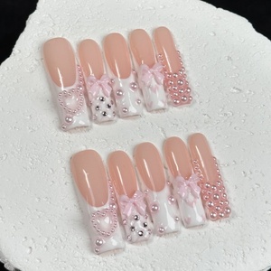 Venta caliente Extra largo ABS Press-On Nails Square Pink Pearl Heart Design Estilo <span class=keywords><strong>de</strong></span> manicura francesa hecho a mano para la aplicación del dedo - Product Image 2
