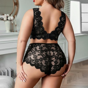 Conjunto <span class=keywords><strong>de</strong></span> lencería sexy <span class=keywords><strong>de</strong></span> encaje <span class=keywords><strong>de</strong></span> talla grande, 2 piezas, sujetador halter a juego, bragas <span class=keywords><strong>de</strong></span> corte alto, ropa <span class=keywords><strong>de</strong></span> dormir transparente, ropa interior femenina - Product Image 3