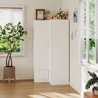 Armario de almacenamiento de diseño de dormitorio pequeño para chica moderna, armario móvil de esquina de madera de 2 puertas en forma de L con cajón para ropa