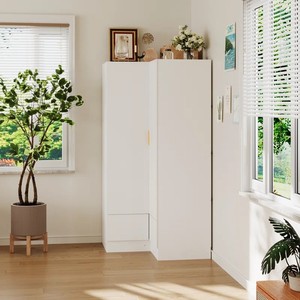 Armario de almacenamiento de diseño de dormitorio pequeño <span class=keywords><strong>para</strong></span> chica moderna, armario móvil de esquina de madera de 2 puertas en forma de L con cajón <span class=keywords><strong>para</strong></span> <span class=keywords><strong>ropa</strong></span> - Product Image 5