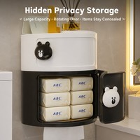 Boîte à mouchoirs murale sans perçage, 2 niveaux, en ABS, organisateur de salle de bain avec compartiment caché, support de téléphone, bouton ours
