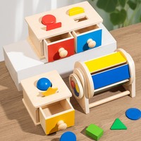Nouveau style Jouets éducatifs pour bébés et jeunes enfants en bois 2 en 1 : Boîte de rangement pour pièces de monnaie et formes colorées et Tambour textile roulant Montessori