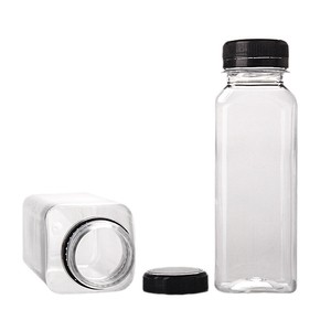 Customizable Logo 4OZ 250ml 12oz 16oz PET Empty Juice Plastic Garrafa Black Screw Cap Square Flat Disponível 400ml 300ml 500ml