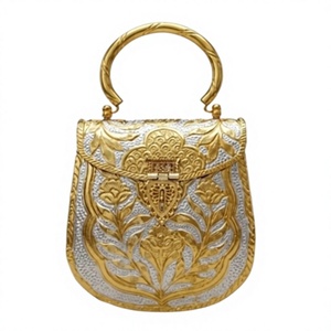 Handmade Metal Evening <b>Bag</b> With Floral Filigree Design Ring Handle Flap Closure Elegant Half Moon Shape Party Clutch - Product Image 1
