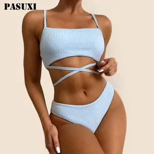 Pasuxi Fabriek Custom Zomer Tweedelige Bikini Badmode Badpak Bikini Set Effen Kleur Strandkleding En Zwemmer Voor Vrouwen