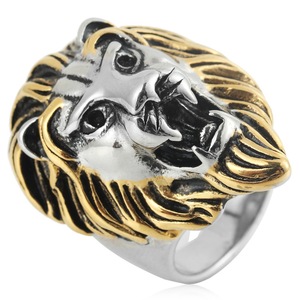 yunnique Lion Head <b>Ring</b> Gold And Steel Two Tone Men's Punk Style Animal Jewelry Gift - Product Image 4