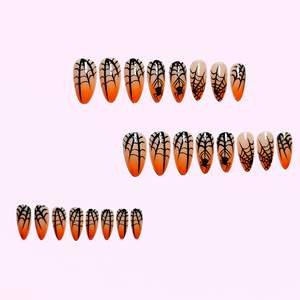 24pcs Effrayant <span class=keywords><strong>Halloween</strong></span> Appuyez sur les ongles <span class=keywords><strong>Orange</strong></span> Toile d'araignée Gradient Wearable Amande Ongles Style Français Amovible Manucure - Product Image 4