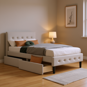 Letto a piattaforma imbottito beige e grigio con 2 cassetti, elegante mobile da camera da letto, modello D0100HPWSXU - Product Image 2