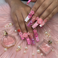 Faux ongles à presser longs, faits main, de luxe, forme cercueil, avec nœud 3D perlé, style French manucure, en acrylique, pour soirée