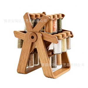 Wooden <b>Rotating</b> <b>Spice</b> <b>Rack</b> With Glass Jars Airtight Storage For Kitchen Countertop Organization - Product Image 4