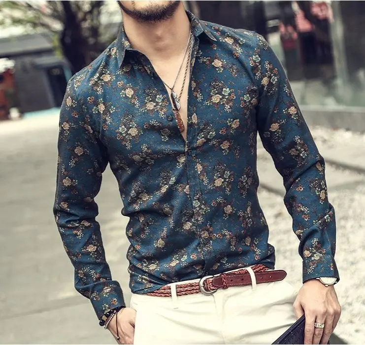 2021 New Men's Silk Satin Floral Printed Shirts Male Slim Fit Long Sleeve Flower Shirts Print Casual Party Shirt Tops custom