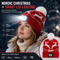 Bonnet de Noël LED en tricot avec pompon, motif renne, rouge et blanc, chaud pour l'hiver, rechargeable par USB, trois modes de luminosité, pour la marche en extérieur