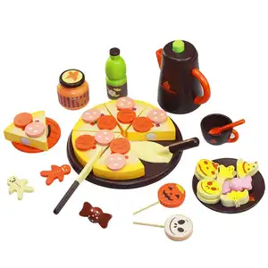 Rumah Bermain Montessori DIY Halloween Kayu Pemotong Pizza Kue Ulang Tahun Mainan Bayi Mainan Pendidikan Anak-anak Dapur Mainan Set CE