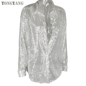 TONGYANG <strong>Sequin</strong> Turndown Collar Women's Oversize Shirt Casual Sparkle Glitter Loose <strong>Long</strong> <strong>Sleeve</strong> 2024 Spring <strong>Silver</strong> Vintage Shirt - Product Image 6