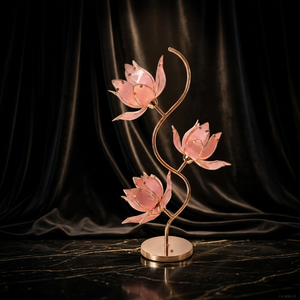 Lámpara de Mesa Estilo Chino con Flor de Loto Rosa, Base Metálica Dorada con Pétalos de Vidrio, Lámpara de Noche E26 para Decoración de Dormitorio - Product Image 4