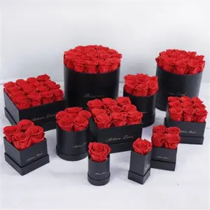 2024 자연 오래 지속 영원히 장미 장식 검은 둥근 상자에 보존 된 꽃 발렌타인 데이 선물 도매