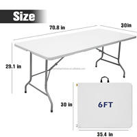 Table pliante de 6 pieds, portable, pliable, blanche, longues tables pour fêtes, camping, dîners, mariages, utilisation en extérieur et en intérieur