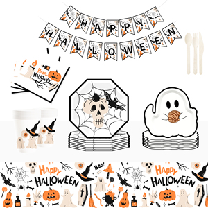 DAMAI Happy Halloween Paper Plates Set Halloween Theme Party Decorations Paper Plates Cups Napkins for Kids Halloween Party - Product Image 1