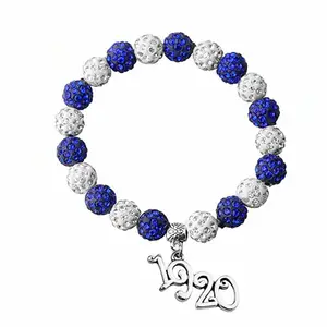 Bolas elásticas de arcilla azul y blanca hechas a mano, abalorios de cristal, Sorority griego, número 1920, ZETA, PHI, BETA, Charm, pulsera