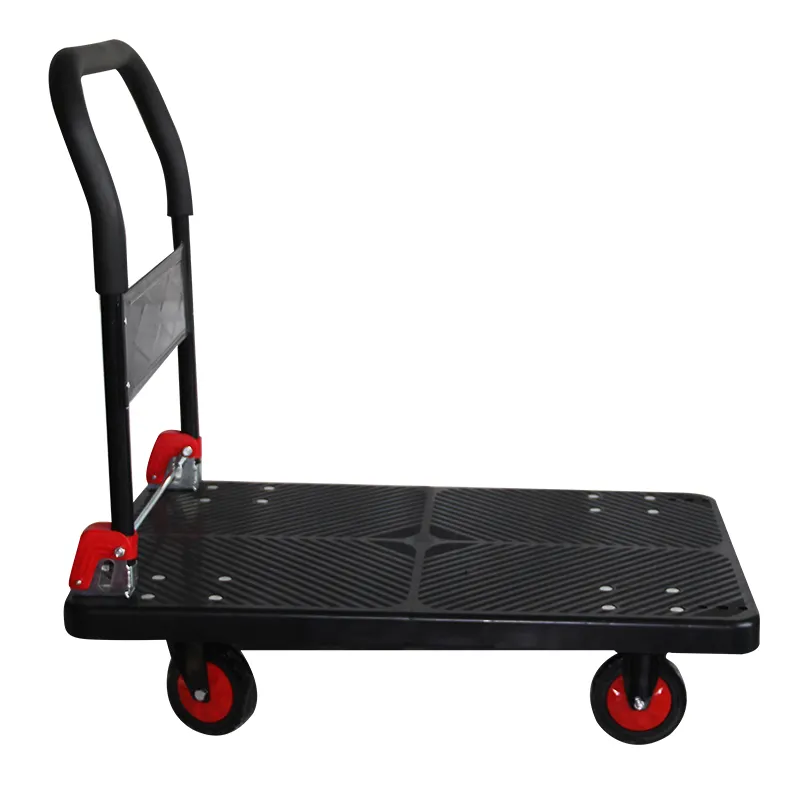 Zwart Pull 4 Wielen Omzet Auto Magazijn Handling Zwarte Kar Opslag Plastic Trolley Platform Flatbed Hand Truck