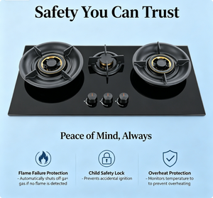 Table <span class=keywords><strong>de</strong></span> cuisson à <span class=keywords><strong>gaz</strong></span> robuste 3 zones en verre trempé avec brûleurs entièrement en cuivre et protection anti-extinction <span class=keywords><strong>de</strong></span> flamme pour cuisine - Product Image 4