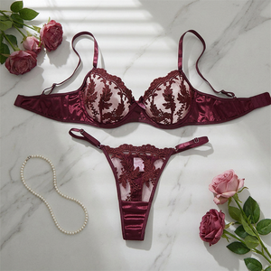 Wholesale Women's Floral Embroidery Sheer Mesh Underwire Bra and Thong <b>Set</b> 2 Piece Lace Lingerie <b>Set</b> Breathable <b>Sexy</b> Intimates - Product Image 1