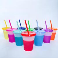 Gobelet réutilisable en plastique PP de 16 oz, réactif au froid, avec couvercle et paille changeant de couleur, pour fêtes, voyages et promotion