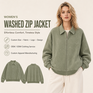 Chaqueta Casual Oversize para <span class=keywords><strong>Mujer</strong></span> al por Mayor, Verde Salvia, Estilo Vintage Lavado, con Cremallera, Bordado Geométrico de Brújula Personalizado y Cuello. - Product Image 1