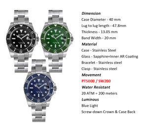 Reloj Automático CRONOS para Hombre, 40 mm, Reloj de Pulsera Mecánico, BGW-9 Luminoso, Sumergible 20 ATM, Zafiro, Cierre Deslizante NH35 - Product Image 2
