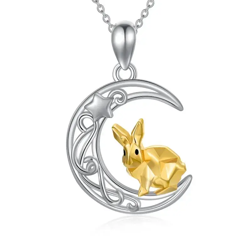 Cute Animal Jewelry Women Girls 925 Sterling Silver Two Tone Necklace Rabbit Moon Star Necklace