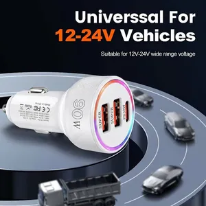 อะแดปเตอร์ชาร์จในรถยนต์ 90W พร้อมไฟ LED หลากสี 3 พอร์ต USB C PD 30W และ QC 3.0 ชาร์จเร็ว สำหรับรถยนต์ 12-24V สำหรับ iPhone - Product Image 4