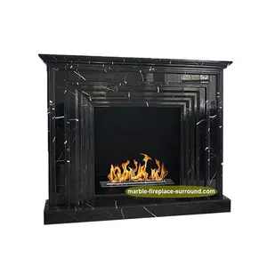 Freestanding Fireplace Mantel White Stripe in Black Marquina Nero Margiua Marble Fireplace